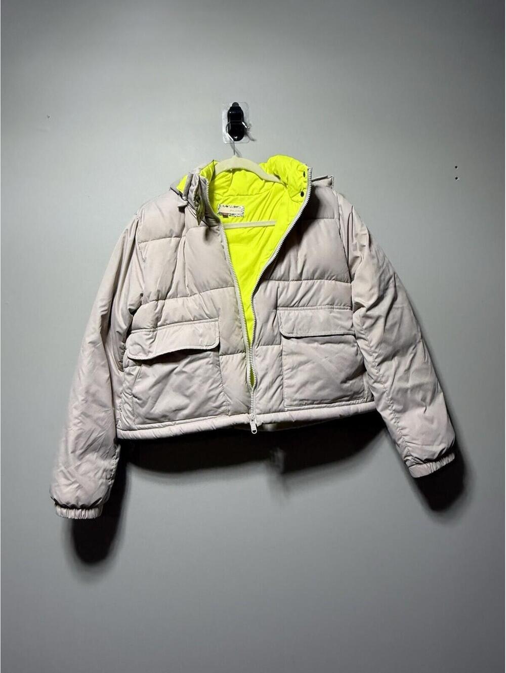 Anthropologie Pilcro Cropped Utility Puffer Jacket Cream Neon Chartreuse Hood S